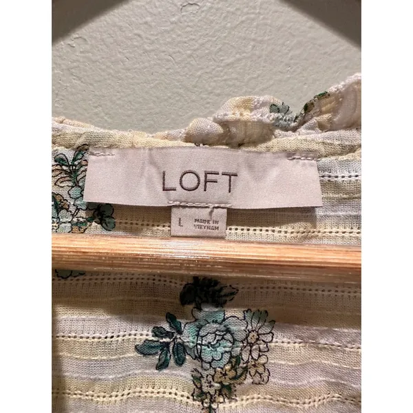 LOFT Floral Bouquet Ruffle Neck Button‎ Front Cotton Blouse Large Peasant Boho - Image 4