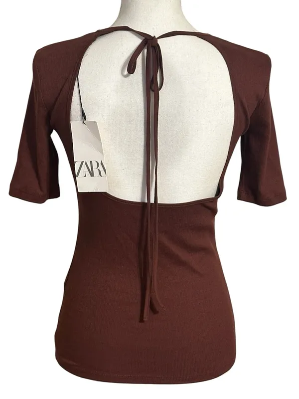 Zara Brown Ribbed Short Sleeve Open Back with Delicate Tie Top NWT - Image 3