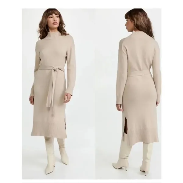 NWT Rails Wool Blend Mila Tie Waist Turtleneck MIdi Sweater Dress Taupe S - Image 11