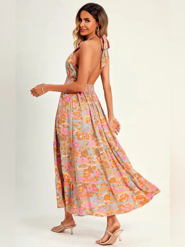 ZESICA Boho Retro Floral Halter Maxi Dress Pink Orange Tiered Sun Dress Large - Image 5