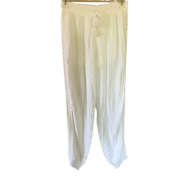 Ocean Drive White Crochet Trim Boho Beach Cover Up Pants Women's Medium - Image 2