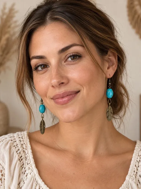 Handmade Turquoise Oval Bead Feather Earrings Western Boho - Image 2