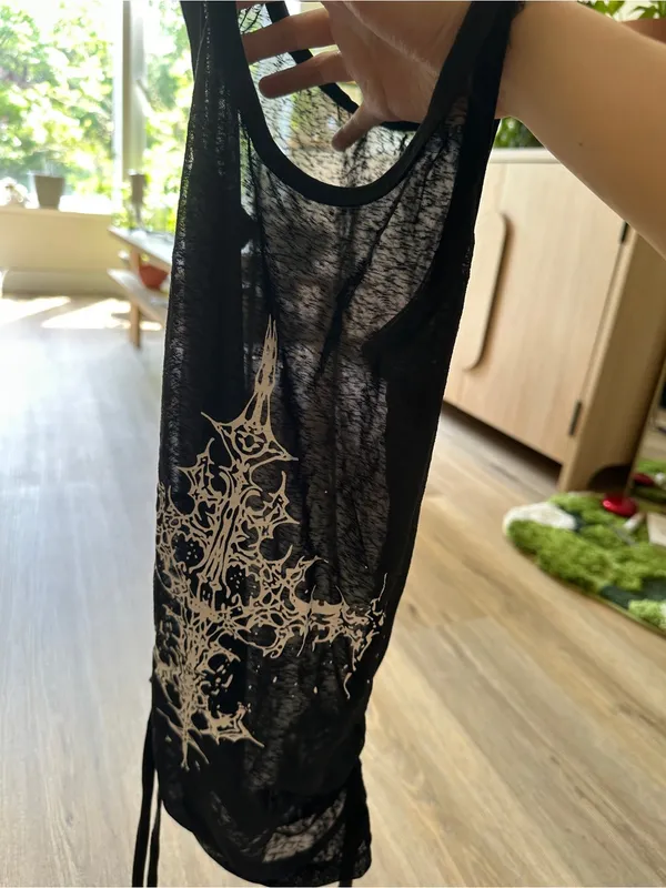 Black mesh tank top with white ornate cross graphic and adjustable tie ruching - Image 4