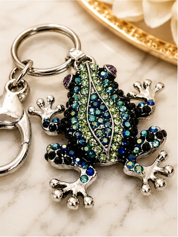 NEW Rhinestone Frog Bag Charm Keychain Green Blue Silver - Image 2