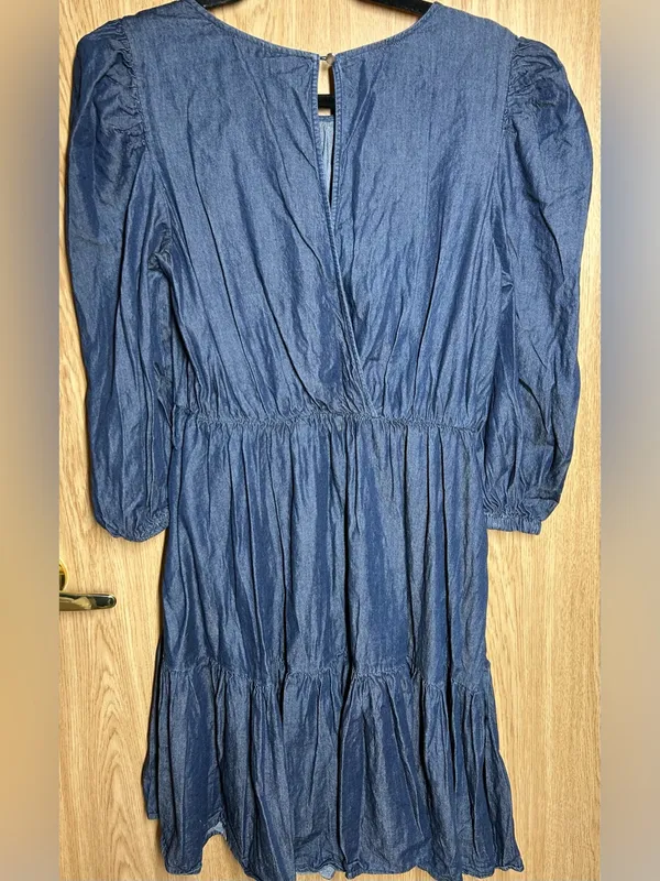 New York & Company Size L Denim Long Puff Sleeve Knee Length Dress - Image 4