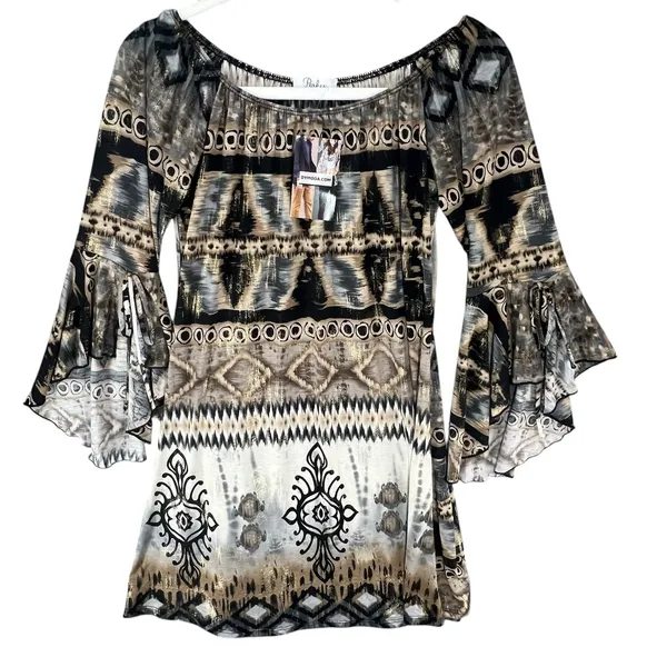 Parker Mini‎ Dress XS Black Gray Tan Gold Abstract Stretch Bell Sleeve Boho Chic - Image 3
