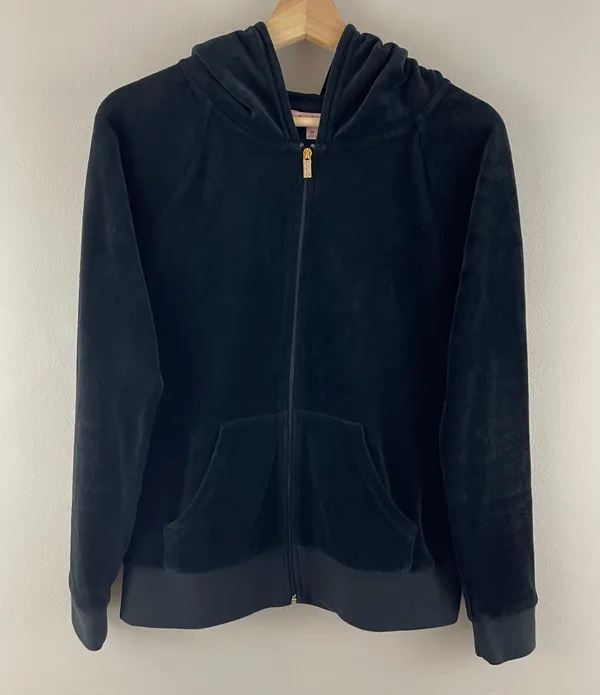 Y2K Black Velvet Velour Hooded Tracksuit Jacket Sweatshirt - Image 2