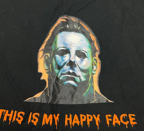 Fruit of the Loom Michael Myers This Is My Happy Face Black Short Sleeve Pocket Tee Size Small - Image 4