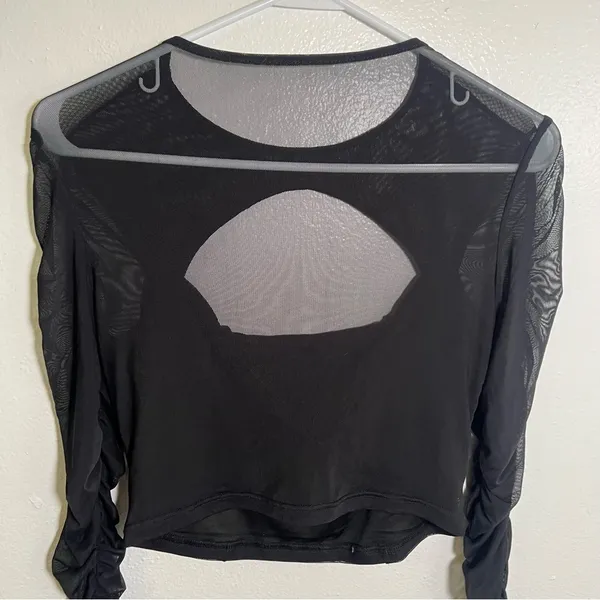 Women's Ruched Cut Out Top Blouse Long Sleeve Black Cropped Sheer Mesh - Image 6