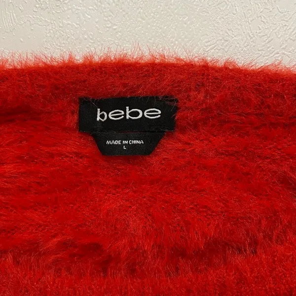 bebe Red Fuzzy Logo Sweater Size L Soft Long Sleeve Pullover - Image 3