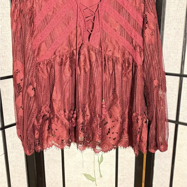 Taylor & Sage COPY - Layson Elegant Lace Women's Top in burgundy red blouse - Image 2