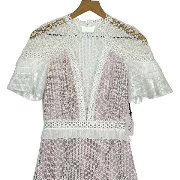 NEW Saylor Luka Mini Dress Women's Size Small White Floral Lace High Neck Lilac - Image 8