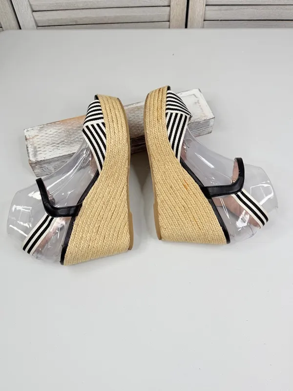 NINE WEST Women's "BREEZE0L1" Striped Espadrille Wedge Sandal Black/White-9.5M - Image 6