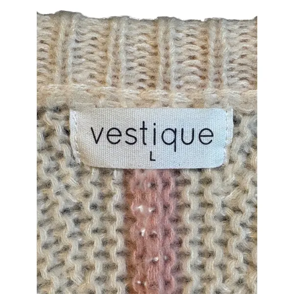 Vestique Sweater Womens Large Cream Multi Stripe Pointelle Knit Oversized Boho‎ - Image 6