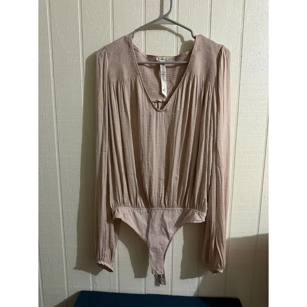 Free People Intimately Smocked V-Neck Long Sleeve Bodice Bodysuit Pink Small - Image 2