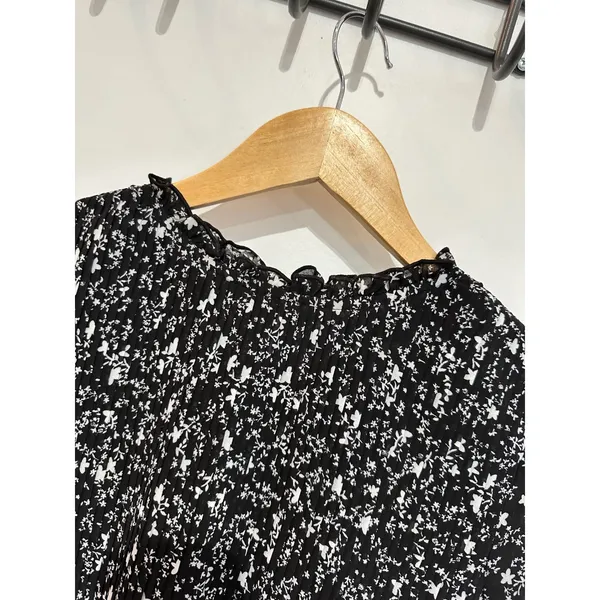 Zara Floral Printed Pleat Mini Dress XS Black Long Sleeves‎ Whimsygoth - Image 8
