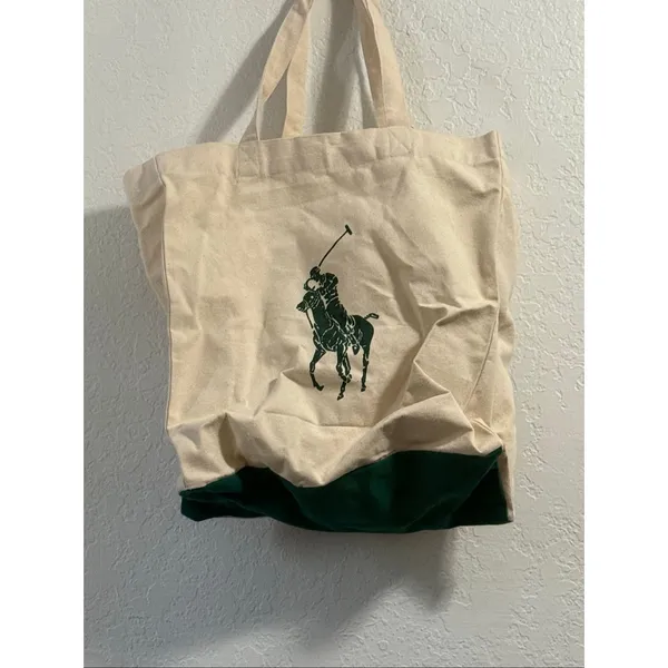 Polo Ralph Lauren Tote Bag 100% Cotton Canvas Green Logo Graphic Pony New - Image 5