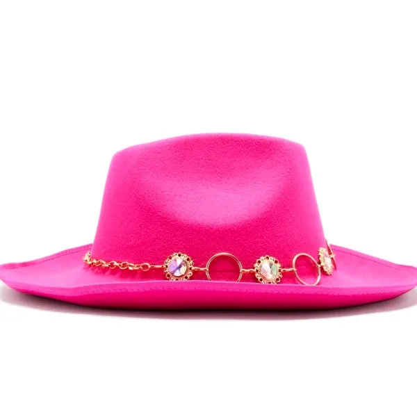 Cowgirl Cowboy Rhinestones Trim Rodeo Queen Fedora - Pink - Image 3