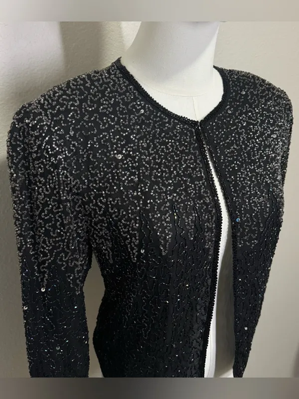 90s STÉNAY Beaded 100% Silk Bolero Jacket | Black Silver Sequin Evening - Image 2