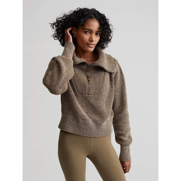 Varley Mentone Sweater XS Brown Marl Half Zip Cotton Ribbed Oversized Collar - Image 6
