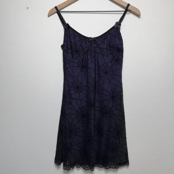Women‎ Fairy Grunge Whimsigoth Babydoll Slip Dress Purple Black Spiderweb Goth - Image 2