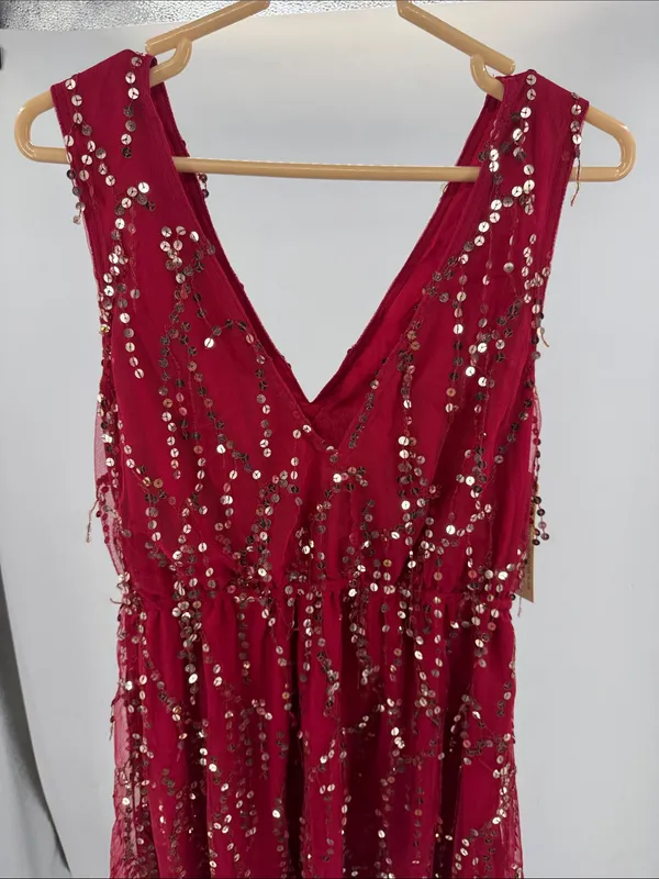 Southern fried chics deep red Sequined V-Neck and back sequin fringe L dress - Image 5