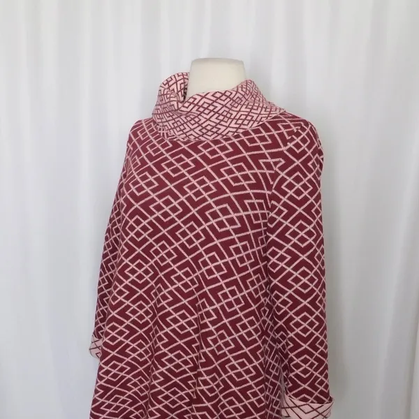 Anthropologie MOTH Galena Cowl Neck Sweater Maroon Pink Jacquard Geometric Small - Image 6
