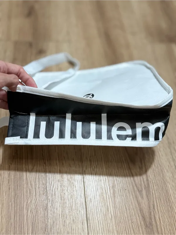 Lululemon Reusable Shopping Tote Bag Small White Black Logo Snap Closure - Image 2