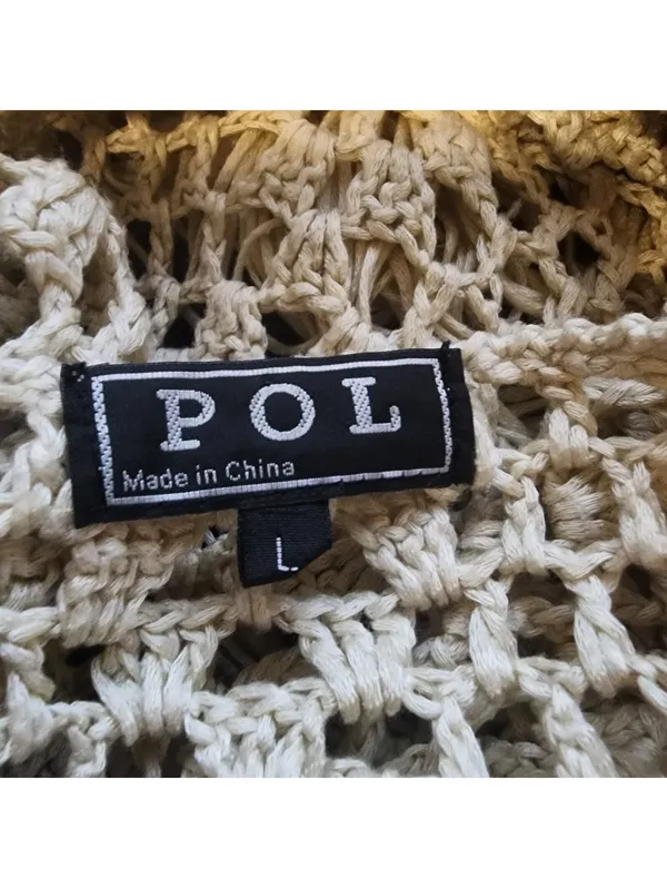POL Beige Crochet Open Front Cardigan with Fringe Detail, Size Large - Image 5