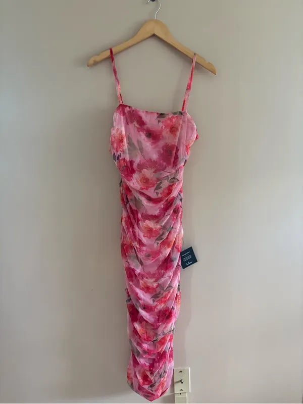 Lulus Blossoming Excellence Pink Floral Mesh Ruched Midi Dress Size Medium Party - Image 5