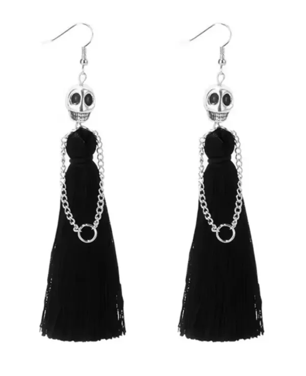 Black Tassel Skull Drop Earrings - Image 2