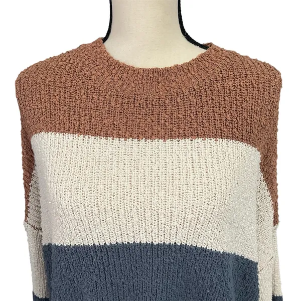 Debut NWOT Women's Brown Cream Blue Wide Stripe Cropped Sweater Sz M Cozy - Image 2