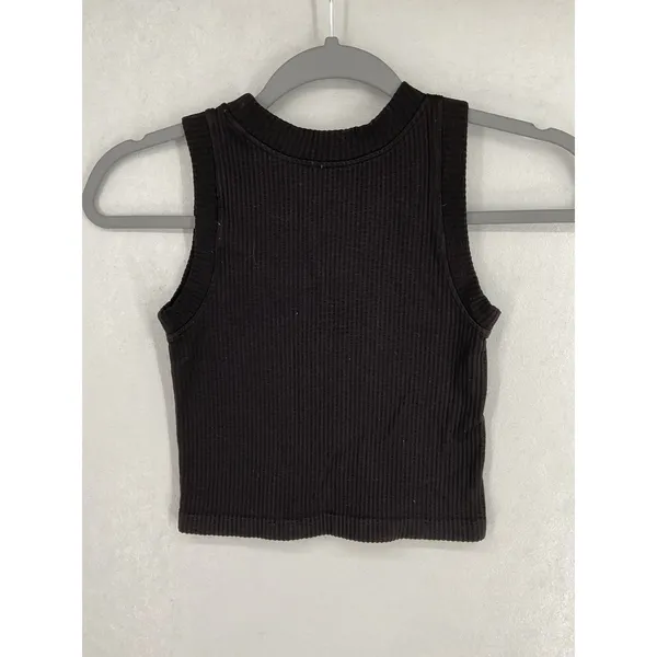 Aura Womens Tank Top Ribbed Seamless Cropped High Neck Black S/M - Image 3