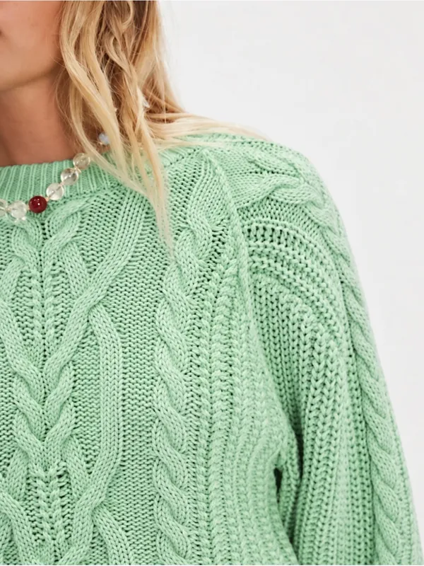 NWT Free People Frankie Cable Knit Cotton Sweater Patina Green Lime LARGE - Image 3