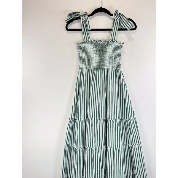 Maxwell And Gerladine Dress Green The Brooke Midi Stripe Smocked Tiered Flowy XS - Image 6