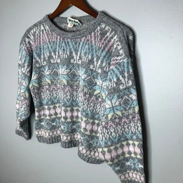 Vintage fair isle gray nordic thick sweater neutral pullover lodge medium chunky - Image 3