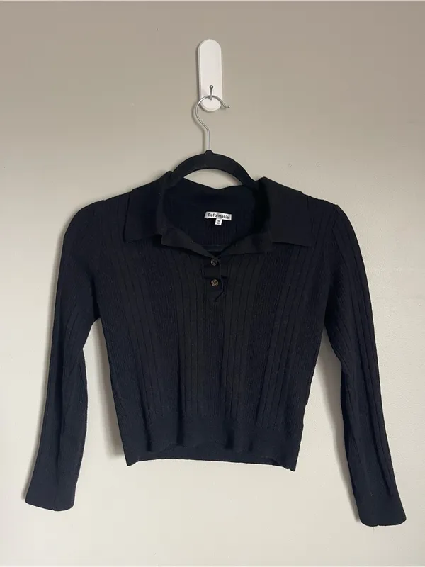 REFORMATION | Black Hermia Regenerative Merino Ribbed Polo Knit Sweater Sz M - Image 2
