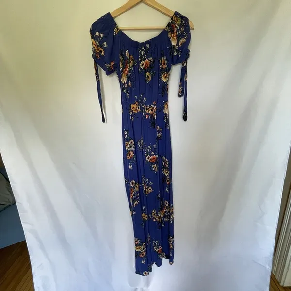 Band of Gypsies Floral Maxi Dress XS Blue Women Off Shoulder Tie Sleeve - Image 9