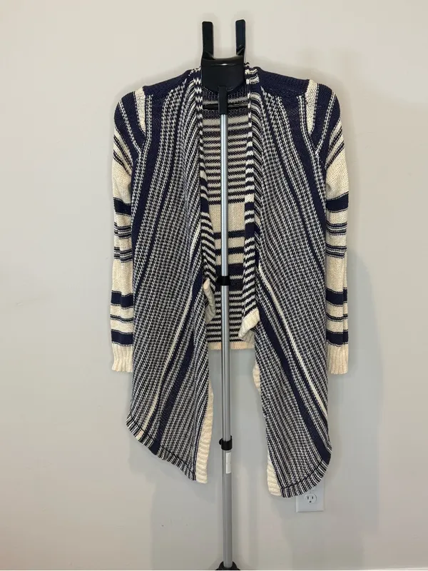 Lucky Brand Women’s M Navy Cream Striped Waterfall Cardigan Open Front Sweater - Image 2