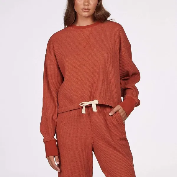 Charlie Holiday Rust Waffle Knit Sweatshirt Wide Leg Pants Lounge 2 Piece Set - Image 5
