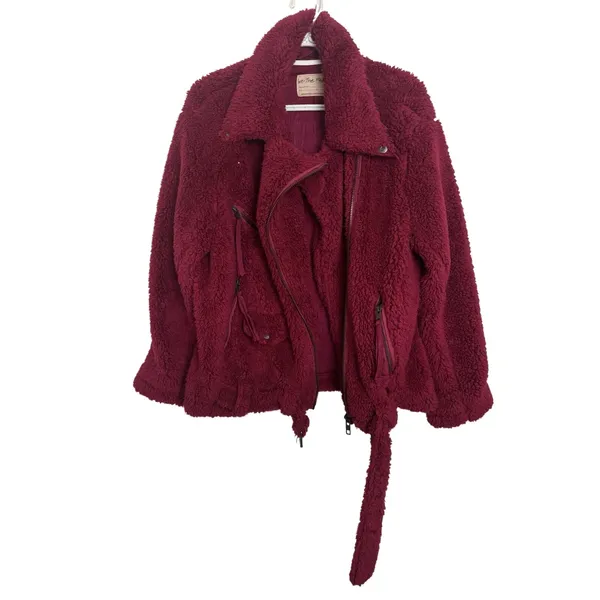 Free People We The Free So Cozy Slouch Moto Jacket Burgundy Oversized S - Image 4