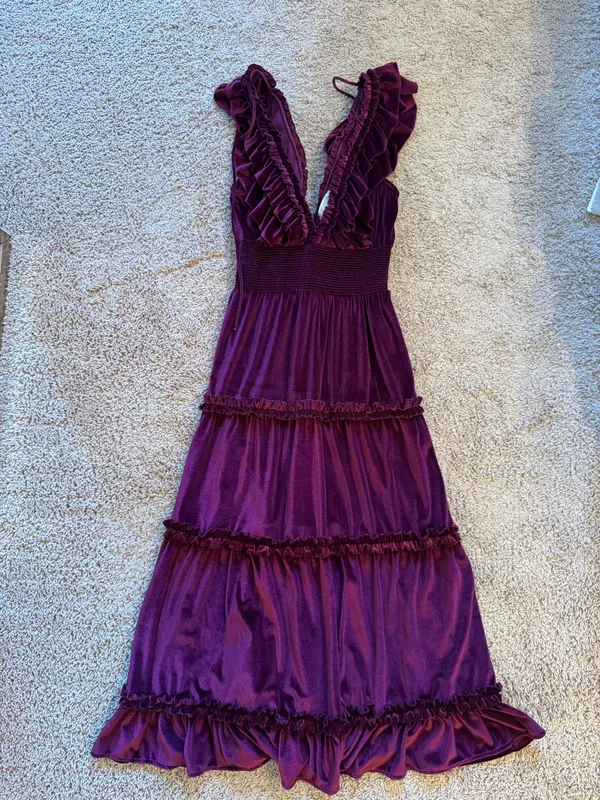 Anthropologie Love The Label Velvet Ruffle Maxi Dress in Burgundy Wine - Image 3