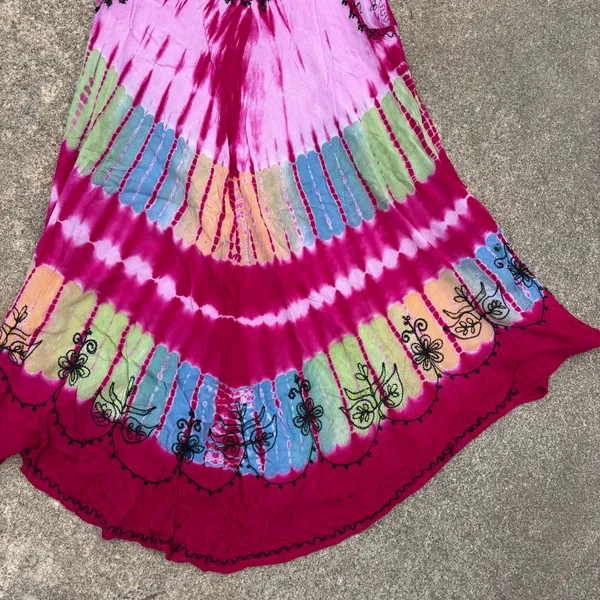 Pink INGear tie-dye sleeveless umbrella dress featuring black floral embroidery. - Image 2
