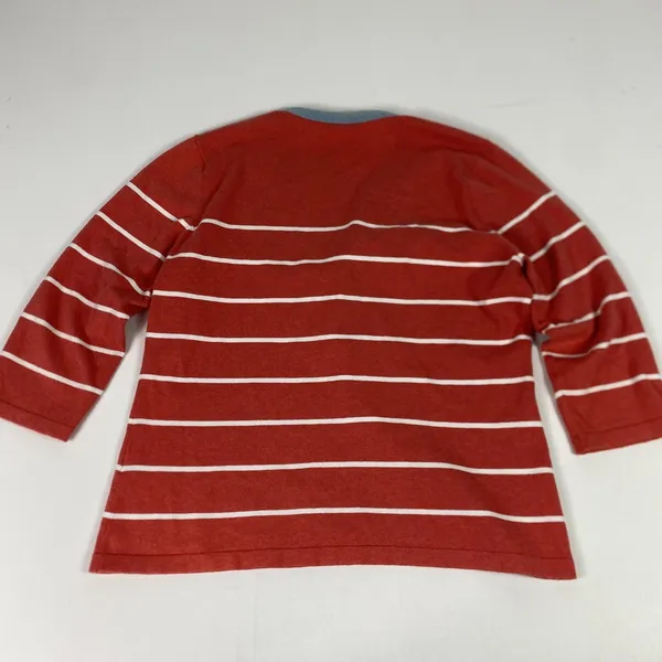 J McLaughlin Shirt Womens Large Red Stripe‎ 3/4 Sleeve Henley Chambray Trim Top - Image 9