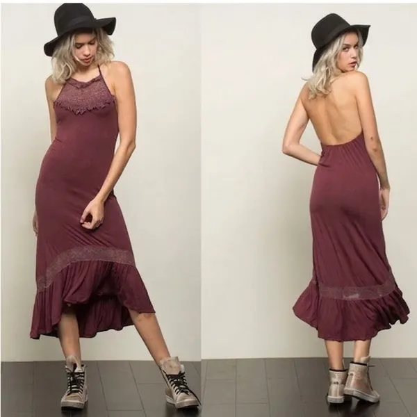 $89 NWOT POL Boho Chic Halter Hi/low Midi Dress – Deep Plum S - Image 2