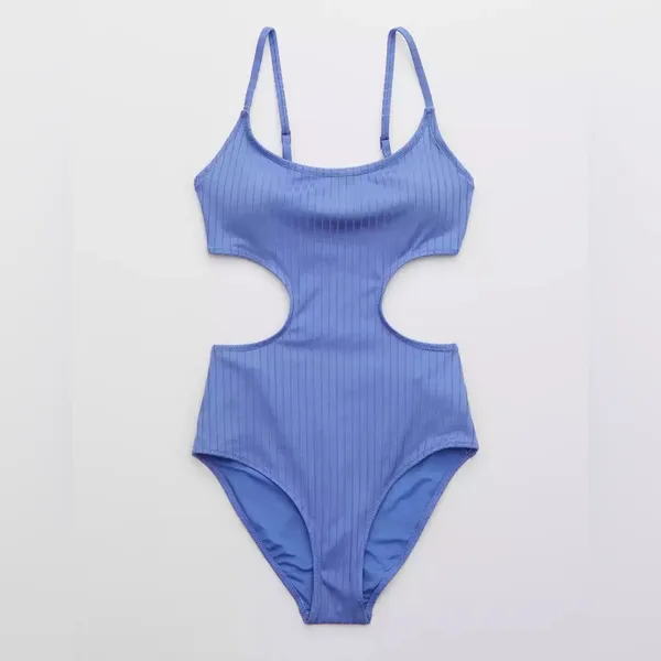 Aerie Ribbed Shine Side Scoop One Piece Swimsuit in Baja Blue Size Large NWT - Image 4