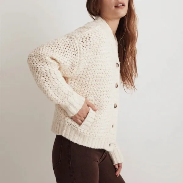 Madewell Wool Bomber‎ Cardigan Sweater Chunky Knit Cream Fisherman $148 NWT XXS - Image 2
