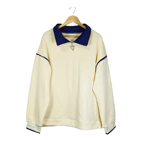 Cream Navy Quarter Zip Pullover Sweatshirt Women 2XL Triangle Zipper Pull‎ NWOT - Image 5