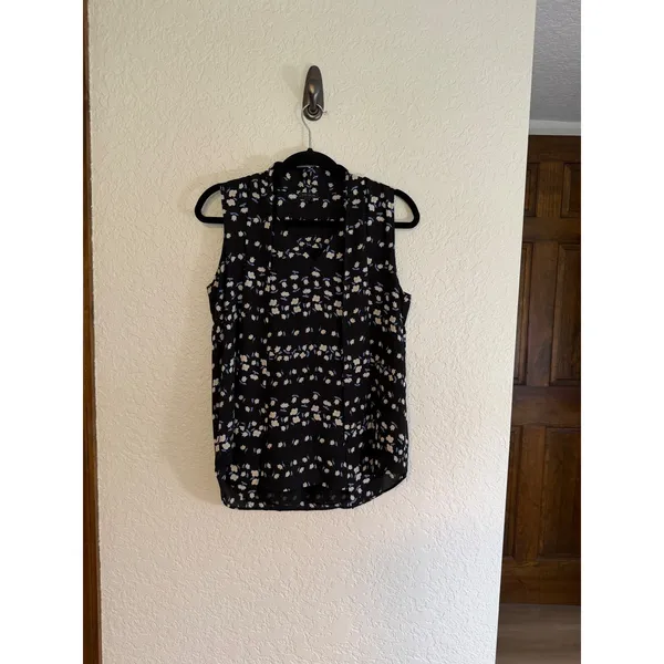 Ann Taylor Blouse Black S Women Floral Tie Neck LayeringSleeveless Office Casual - Image 6