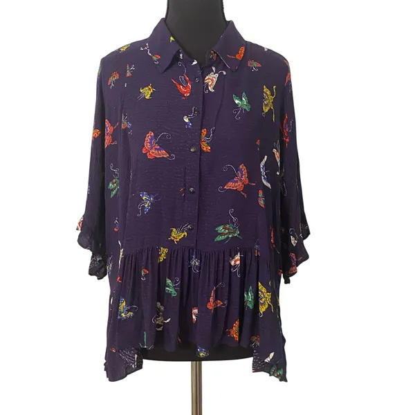 Maeve by Anthropologie Butterfly Print Peplum Blouse Top M Boho Fairy Whimsical - Image 3